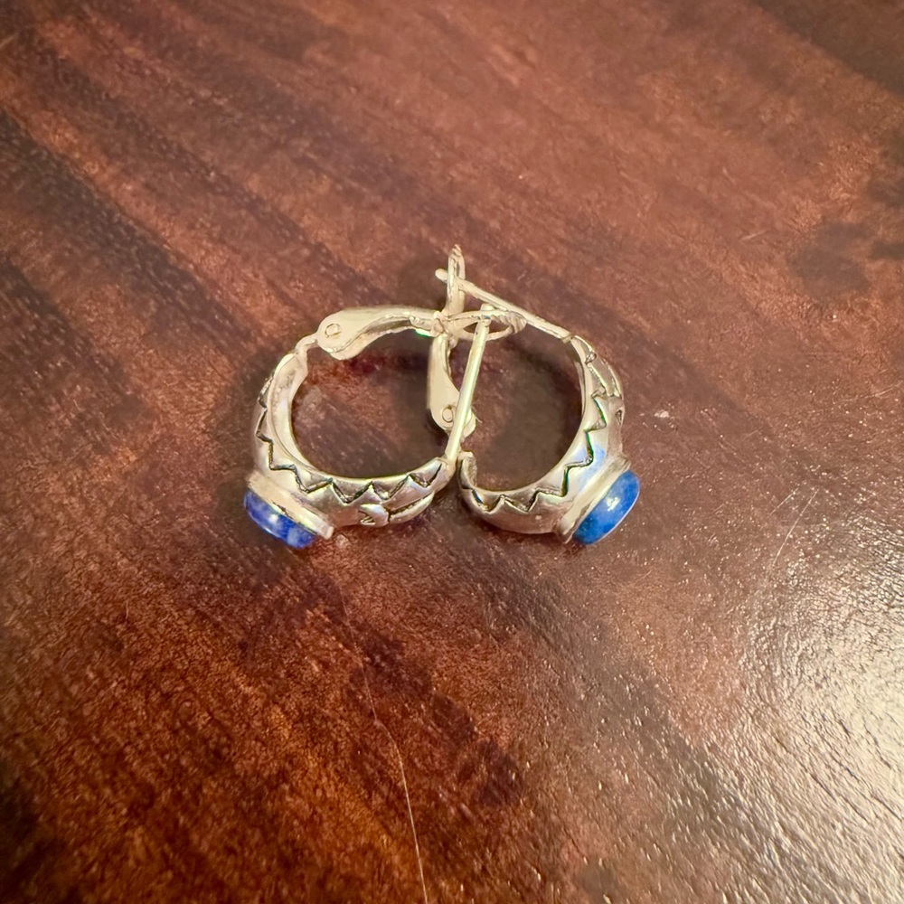 925 Silver Hoop Earrings with Blue Stone Accent vintage